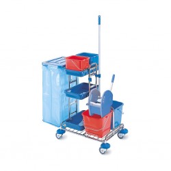 Carucior cu doua galeti de 15L, storcator, doua galeti de 9L, raft si suport pentru sac de 120L, cadru metalic